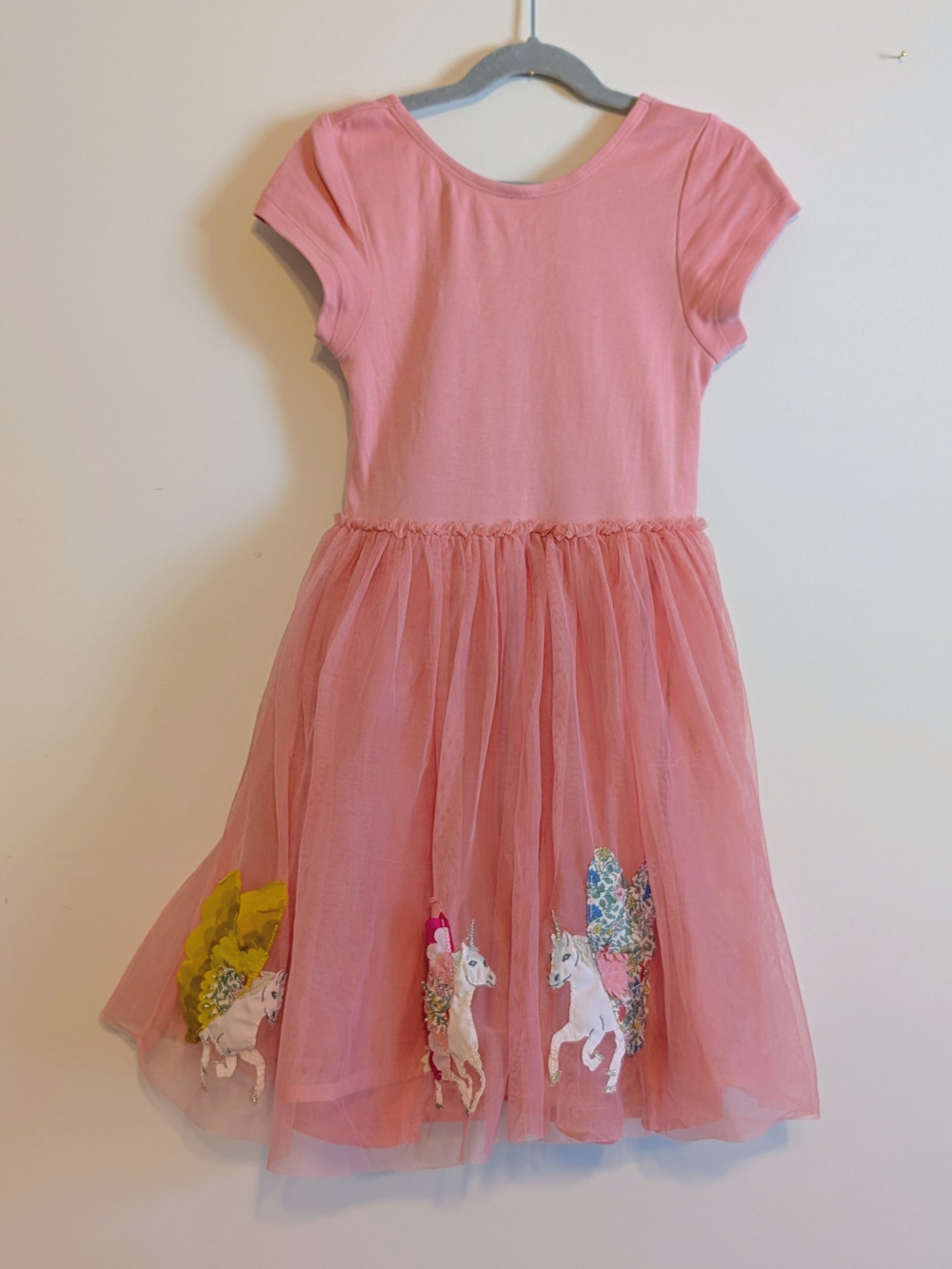 Mini Boden Girls' Pink Tulle Unicorn Applique Dress 9-10